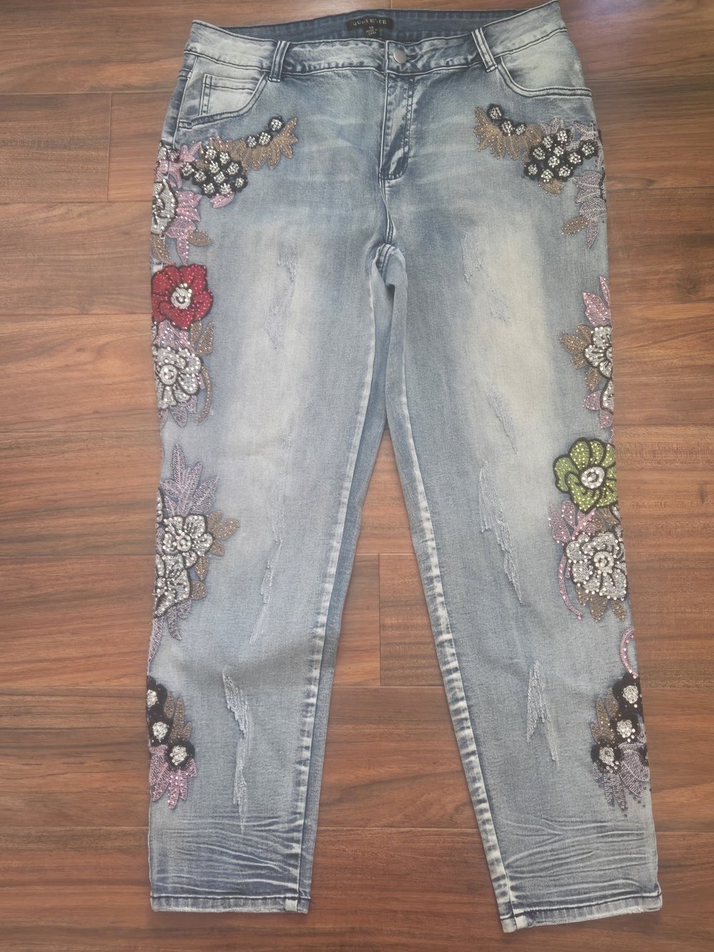 Embellished Light Blue Straight Leg Distressed Jeans with Floral Beading